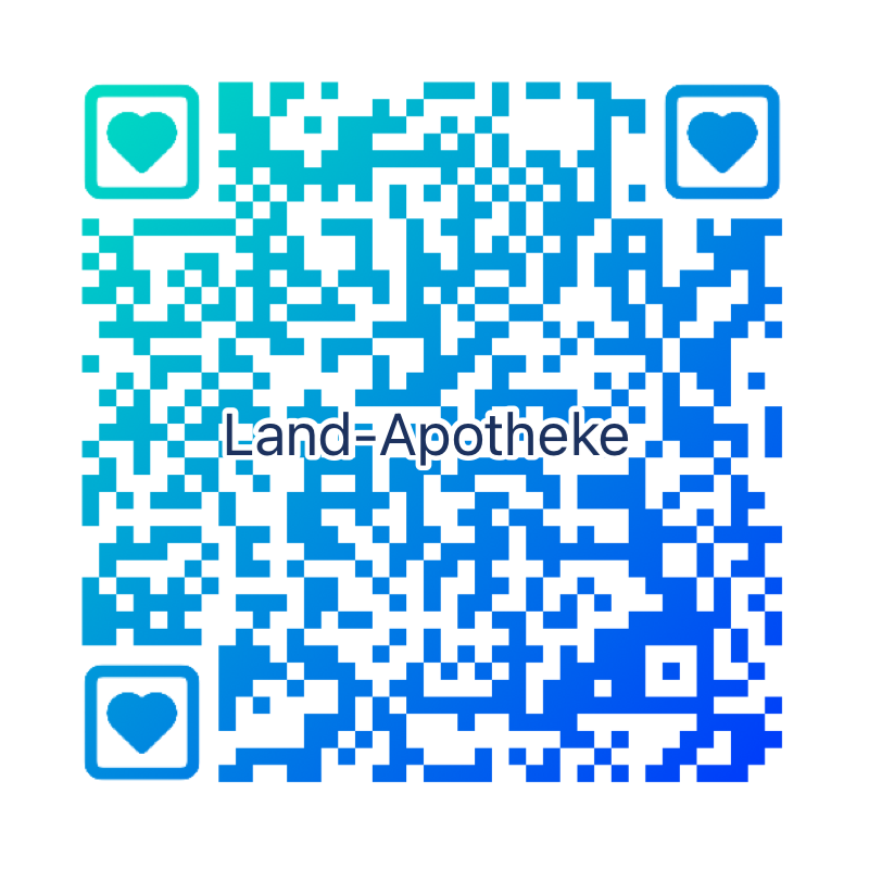 Blauer und grüner QR-Code mit vier Herzsymbolen in den Ecken und dem Text Land Apotheke in der Mitte, der einen modernen Touch für Ihre Apotheke vor Ort widerspiegelt.